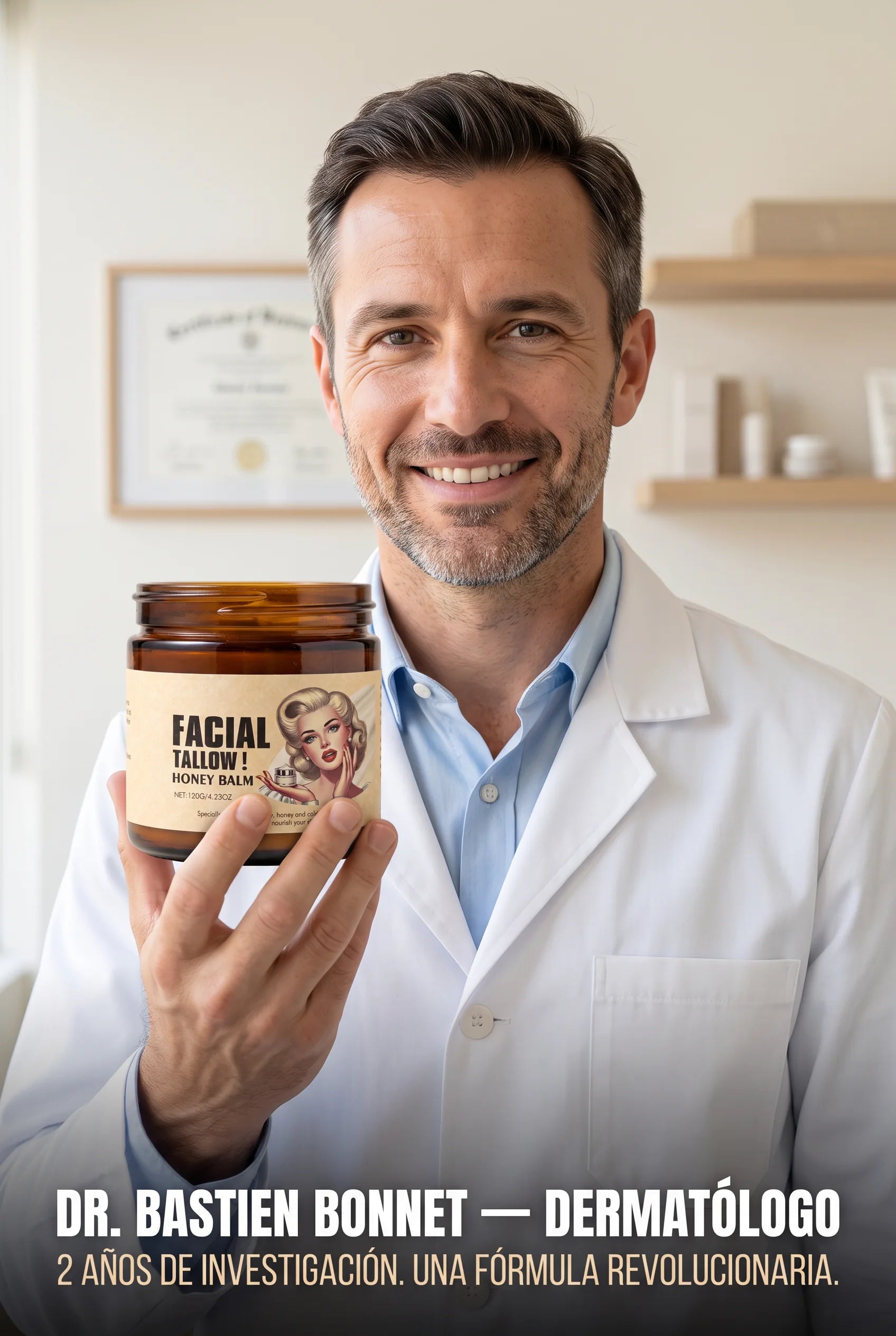 Dermatólogo presentando Crema Facial Tallow