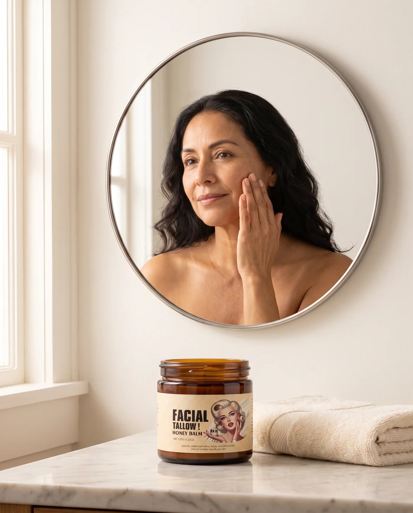 Mujer aplicando Crema Facial Tallow frente al espejo